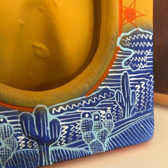 Vtg Mexican Folk Art Pottery Picture Frame Sun Moon Celestial Face Green Blue - Picture 11 of 16